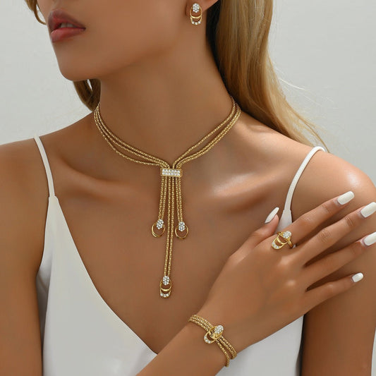 Minimalist Jewelry Set – Necklace, Earrings & Ring | Elegant Design with Sparkling Stones - Tanzania Store