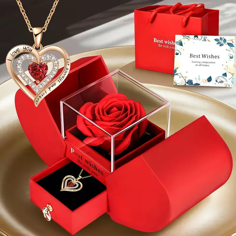 Apple Jewelry Box with Necklace - Preserved Flower Gift for Mother's Day & Christmas