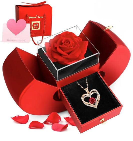 Apple Jewelry Box with Necklace - Preserved Flower Gift for Mother's Day & Christmas